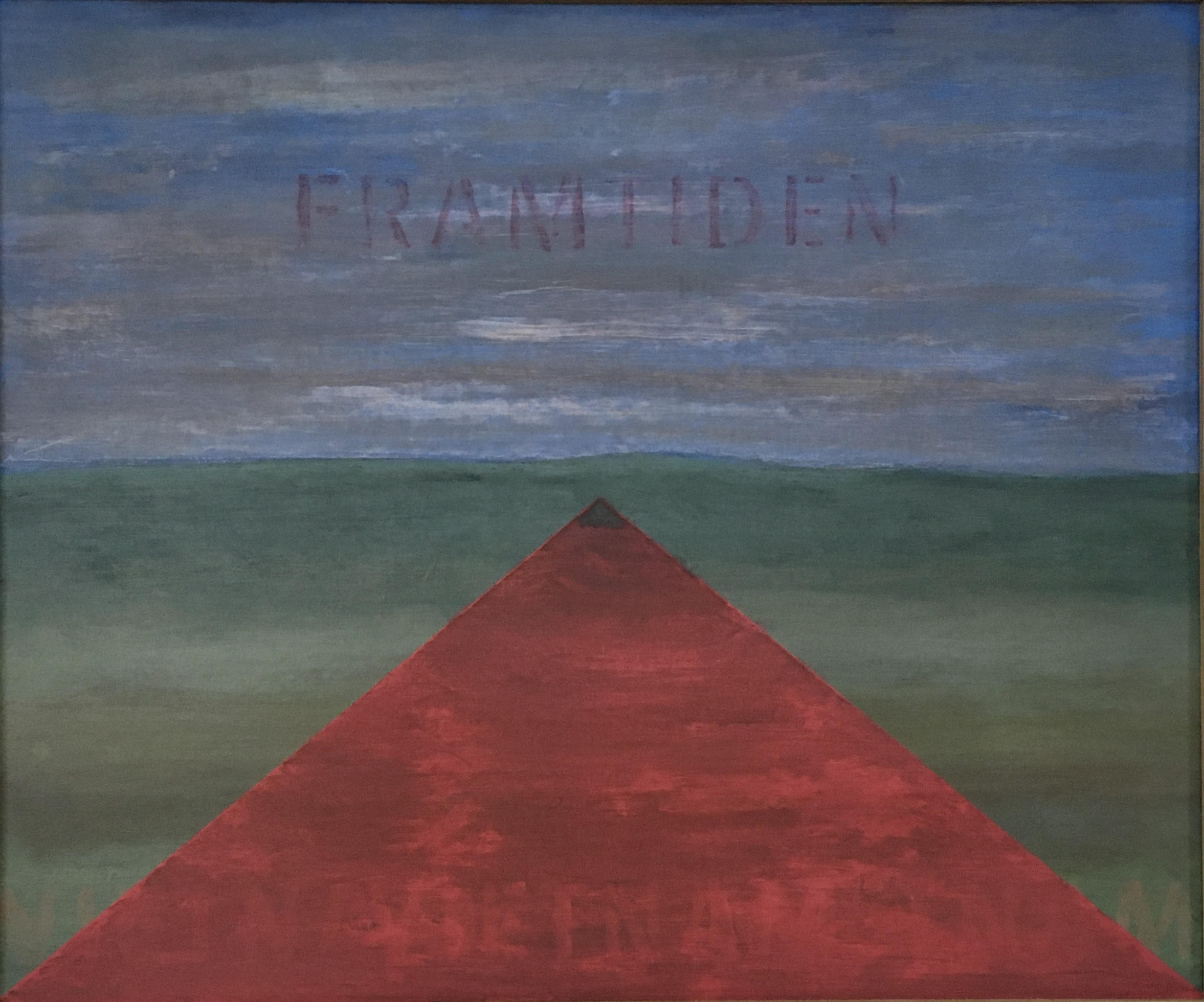 Tavla med ordet FRAMTIDEN gjorda med på en blå himmel, en röd pyramidliknande trekant på nedre delen och ett mjukt grönt landskap. Trekanten kan tolkas som en rak väg in i bilden.